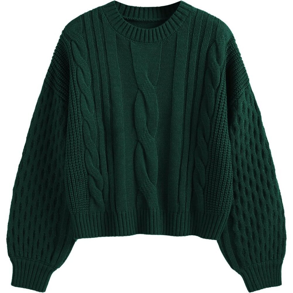 Women's Knit Cable Sweater Acrylic Long Sleeve Crew Neck Casual Top